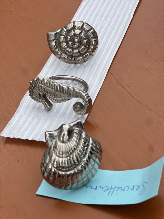 Set 3 inele pentru șervețele suflate cu argint, detalii marine