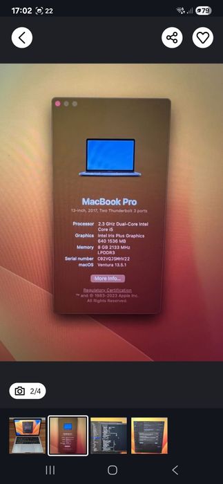 MacBook Pro 13” 2017, 8GB RAM, 128 GB SSD, 2.3 GHz Intel