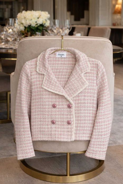 розово сако шанел туид chanel яке късо меланж без забележки