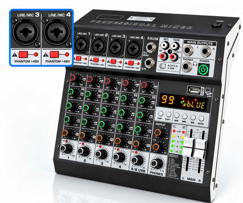 Pasiv mixer audio profesional 6 canale 99 Efecte digital DSP Stereo canal USB Bluetooth LED ecran