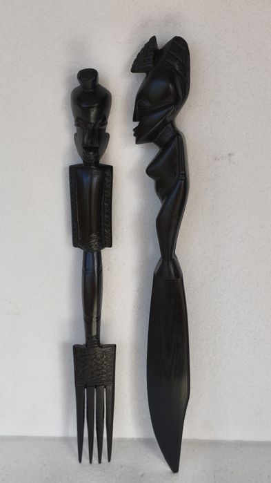 2 statuete sculptura abanos set rustic arta handmade figurine lemn