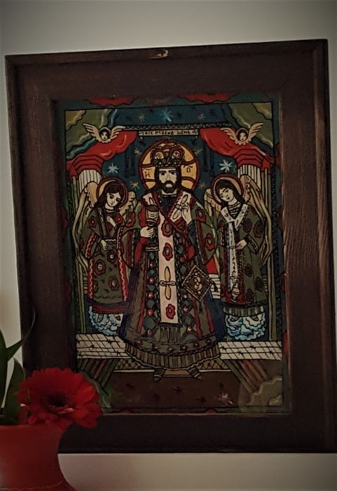 Icoană pictată pe sticlă-Iisus Hristos Împărat și Mare Arhiereu