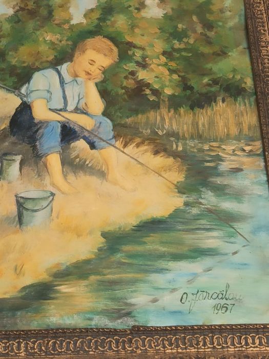 Tablou copil la pescuit semnat și datat 1967