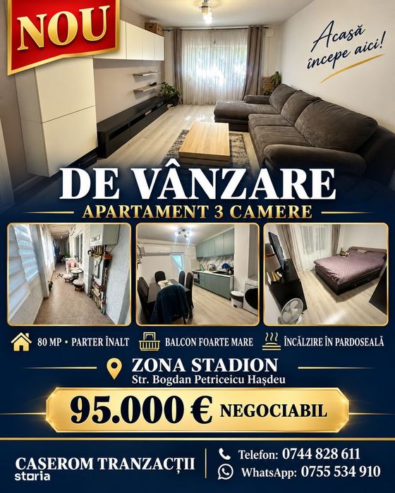 Apartament 3 camere, 80 mp, zona Stadion – parter înalt,