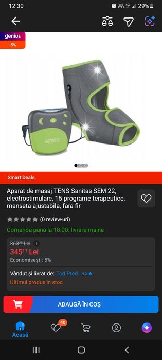 Aparat de masaj TENS Sanitas SEM 22, electrostimulare, 15 programe terapeutice, manseta ajustabila, fara fir