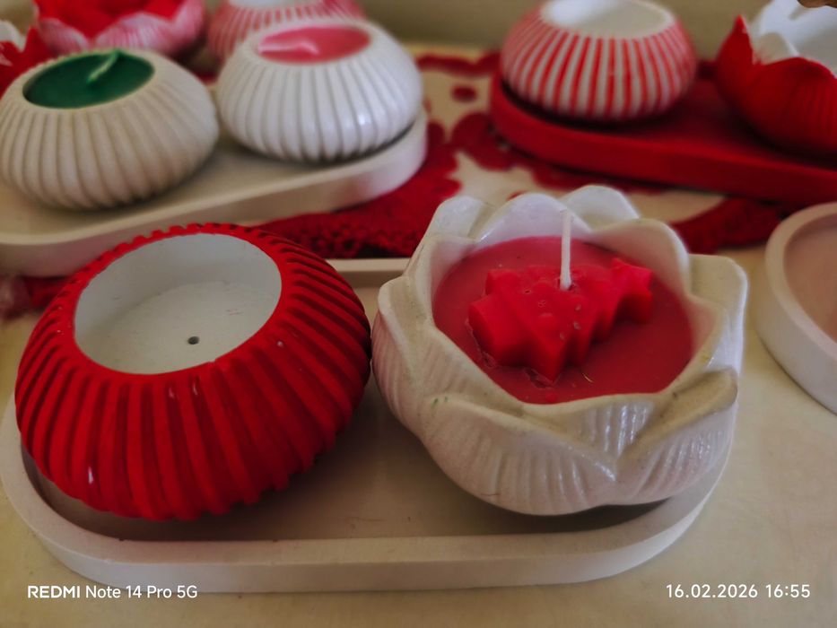 Set decorativ handmade lumânări + vază roșu alb