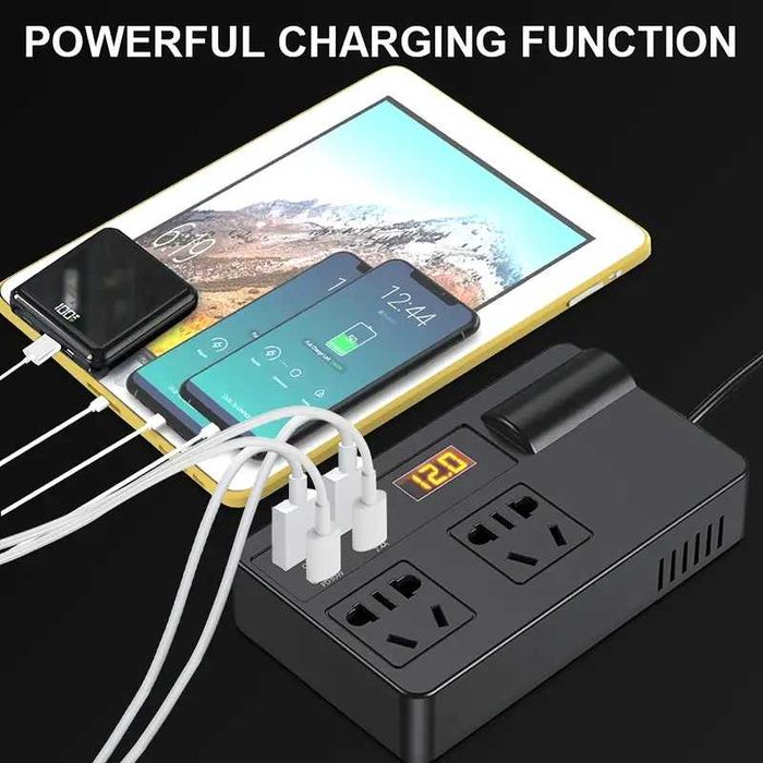 Invertor Incarcator telefoane, tablete, auto 80W/200W 12V/24V la priza 220V Inverter de putere. Sursa alimentare auto cu conversie 4 multi-USB Rapide.