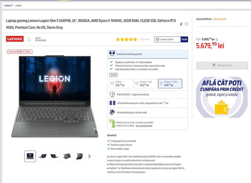 Laptop Lenovo Legion, 16", Ryzen 5 7640HS, 16GB RAM, RTX 4060,garantie