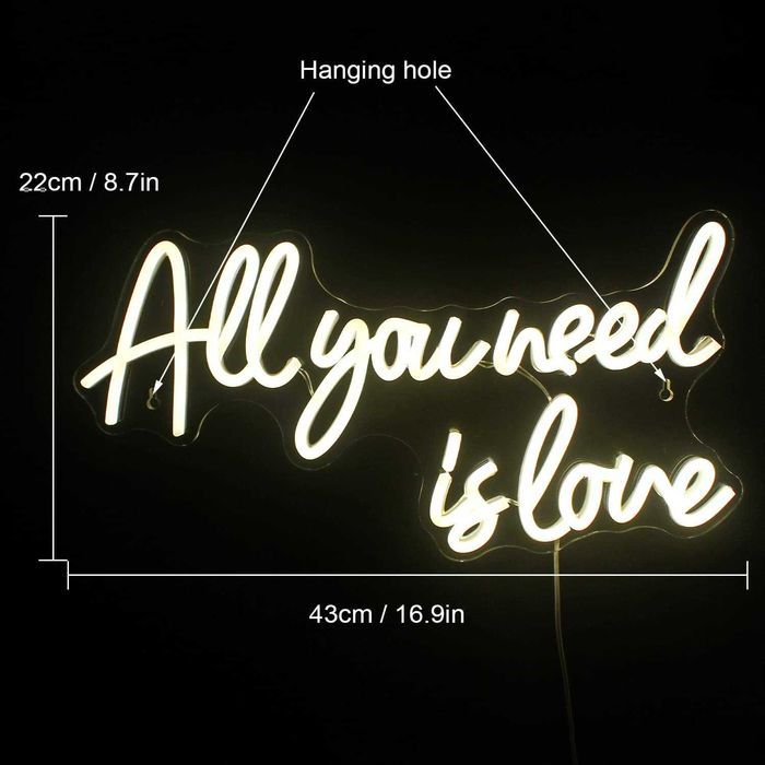 Lumina LED Neon, „All You Need is Love”, 43x22 cm, USB, alb cald