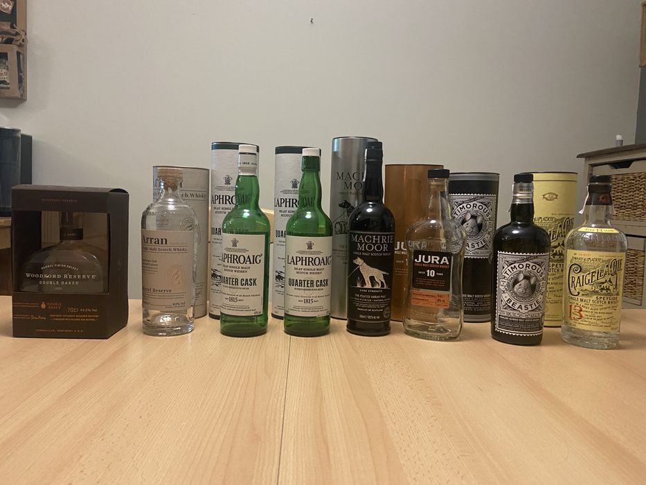 Празни бутилки от скъпи и обикновени уискита