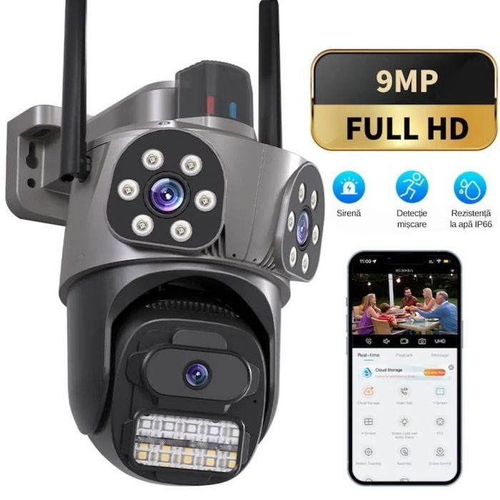 Тройна външна WiFi камера 9MP с аларма, 24 диода, iCSee, 64GB памет