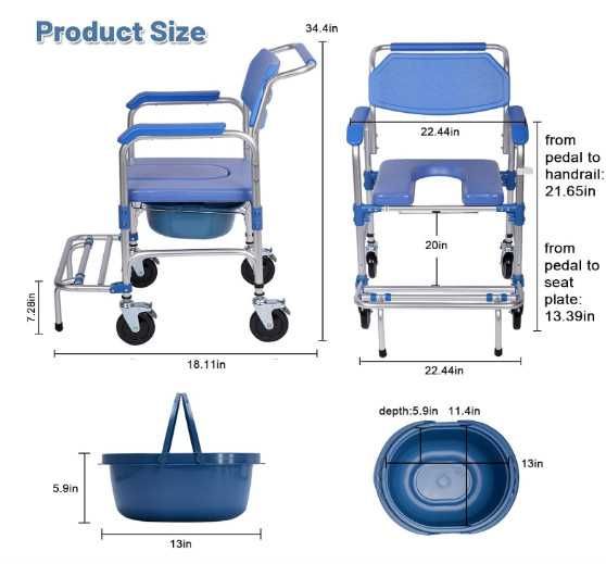 Инвалидна количка Bimiti, комбиниран стол за баня и тоалет с колела