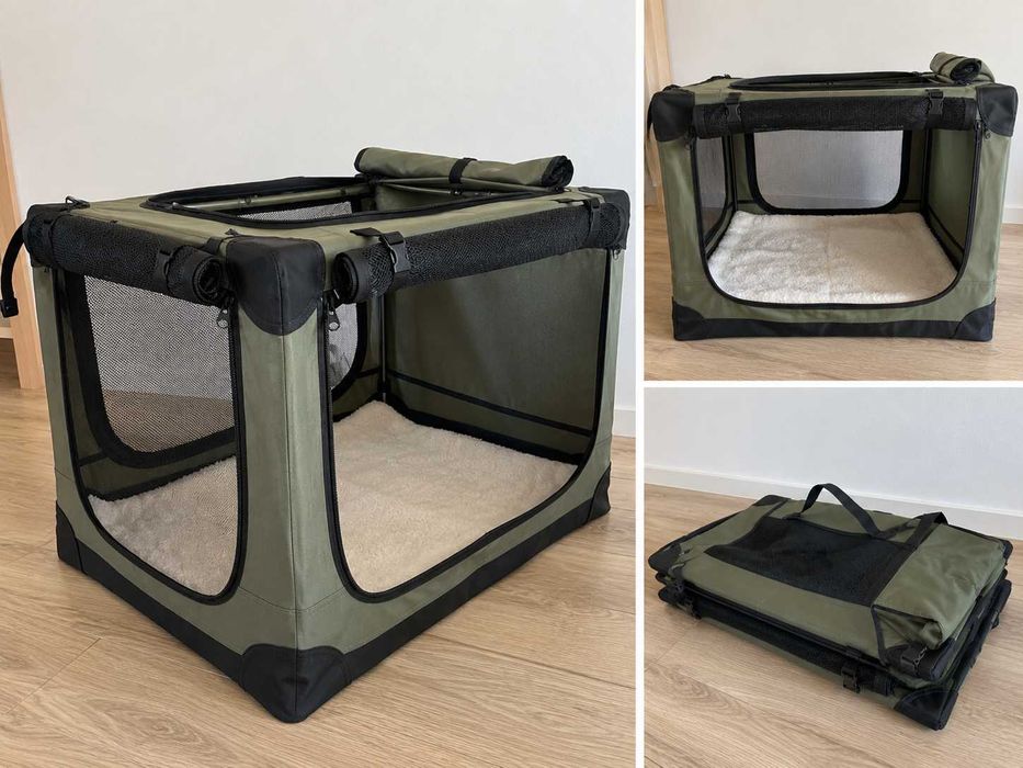 Cusca pliabila PawHut pentru caini/pisici 76x54x54 cm, verde, transport