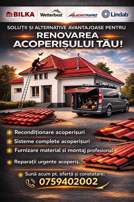 Reparatii acoperis, motaj tigla metalica, sisteme pluviale, mansardare