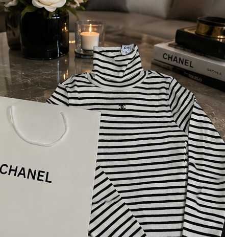 chanel блузка поло с дълъг ръкав тънка пролетна на райе и рипс от памук нова. бяла черна шанел