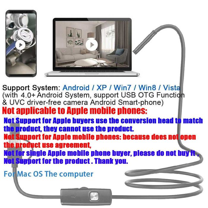 Ендоскоп камера с твърд или мек кабел IP67, LED осветление 3в1 1 -3.5м