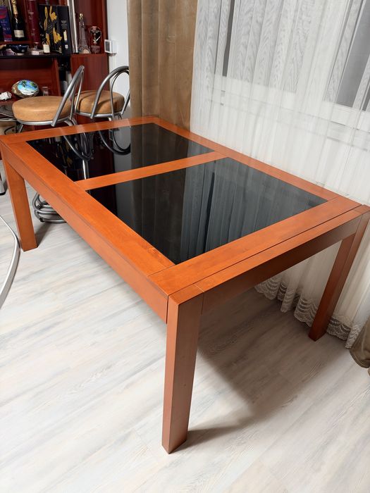Masă sufragerie extensibilă lemn masiv cu sticlă neagră, 160→200 cm
