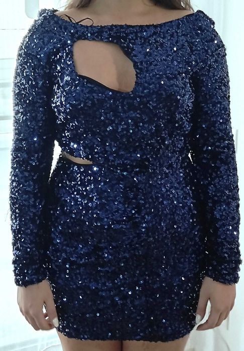 Zara Rochie de festivitate albastra (de seara), cu paiete, maneca lunga & captuseala, spatele gol