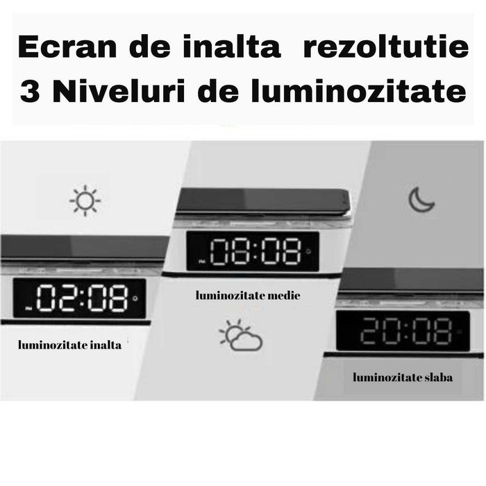 Incarcator Wireless 4 in 1, Lampa Noptiera, Cu Ceas, Alarma