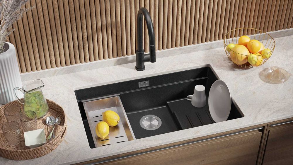 Графит гранитна мивка за монтаж под плот Прага 80 Step Level 560 x 470