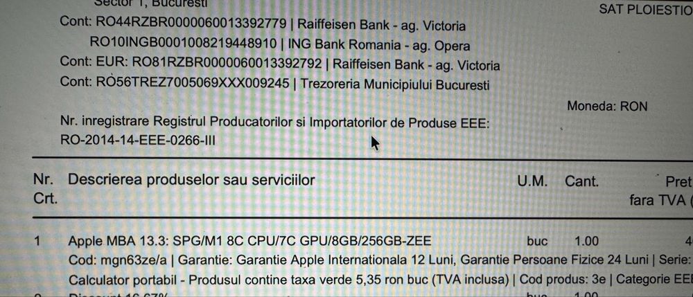 Macbook Air M1 - 8GB Ram - 256 SSD - Cumparat 2023 - Stare F Buna