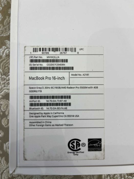 Macbook Pro 16 i9 DDR- 16GB, SSD-1TB (2019)