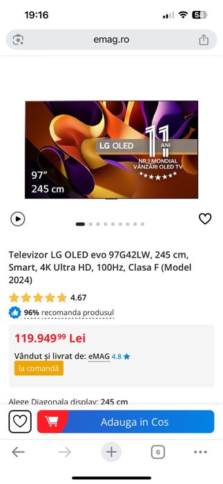 LG Oled Evo 97G4 245 cm 4K 120hz varf de gama nou