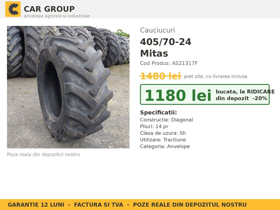 Cauciucuri Anvelope 405/70-24 405/70 24 400/70R24 4057024 Mitas Buldo Miniincarcator si Industrial Utilaje Agricole SH Second Hand LIVRARE Factura TVA