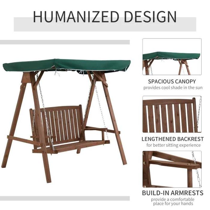 Градинска дървена люлка Outsunny от ела за 2 души със сенник