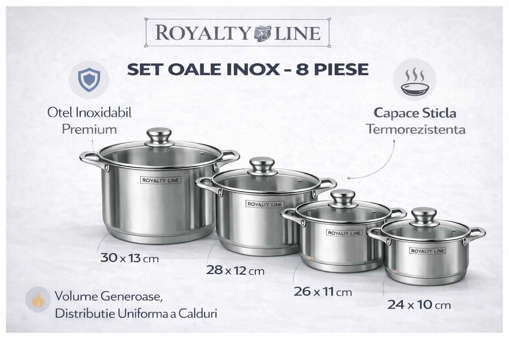Set oale inox Royalty Line, 8 piese, capace din sticla