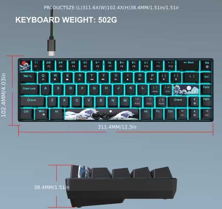 Механична геймърска клавиатура 60% (68 клавиша) със сини суичове