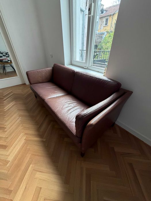 Реставриран винтидж датски 3-местен кожен диван