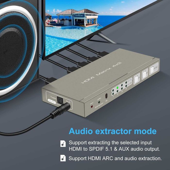 Vedindust HDMI Matrix Switch 4x2 HDMI 4In 2Out IR EDID HDCP2.2 ARC