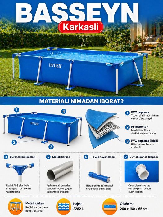 Karkasli basseyn Intex 260×160×65 sm, 2282L