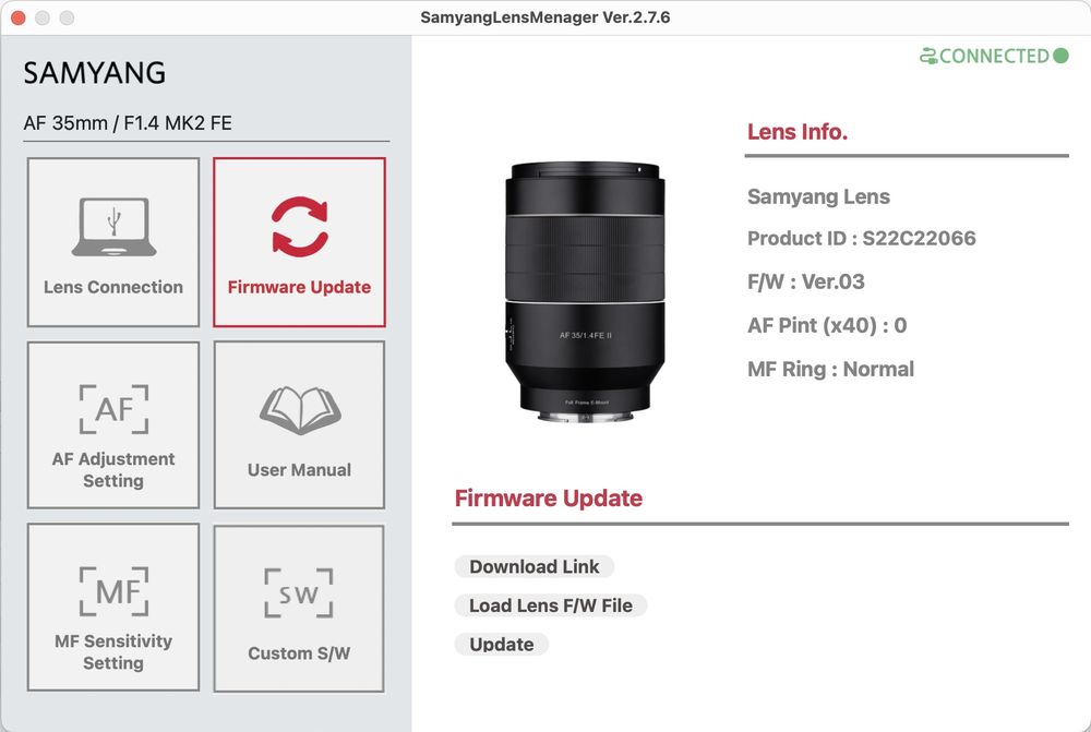 Update firmware pentru obiective Samyang Sony E-mount
