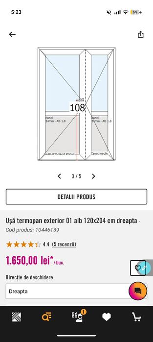 Ușă termopan exterior alb 120x204 cm dreapta
