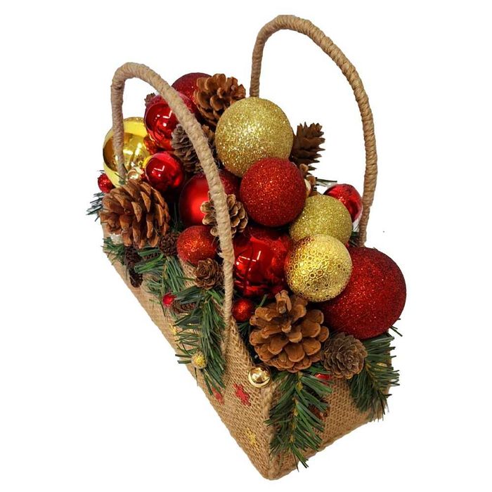Aranjament de Craciun tip geanta cu globuri rosii si aurii