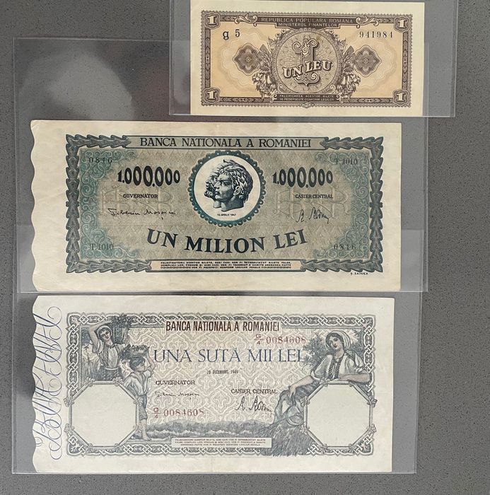 Bancnote România 1 leu 1952 / 1000000 lei 1947 / 100000 lei 1946