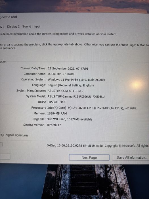 Laptop ASUS TUF Gaming F15 FX506LU – i7-10870H / GTX 1660 Ti 6GB / 16GB RAM / 144Hz