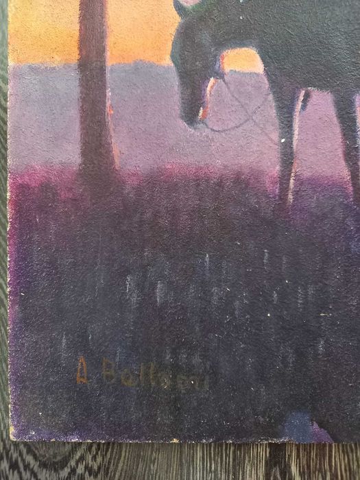 A. Bellomi – „Cowboys cu cai la apus” – ulei pe placaj, 60 × 40 cm