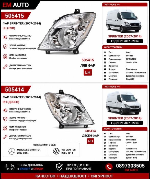 Фарове за Mercedes Sprinter 2007-2014 / Мерцедес Спринтер 2007-2014 LH RH