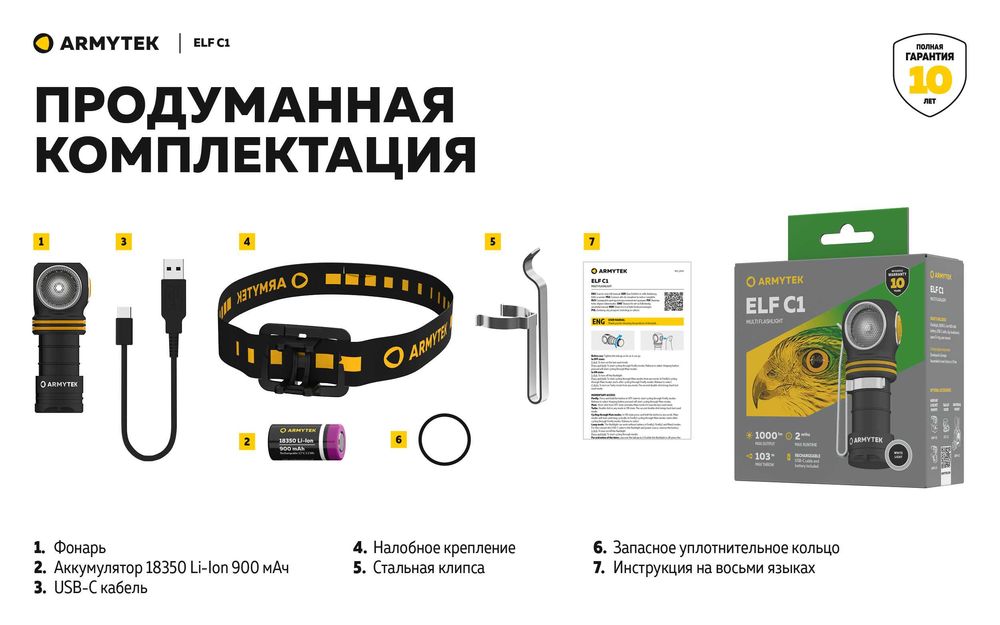 Налобный, водостойкий, противоударный мультифонарь Armytek Elf C1