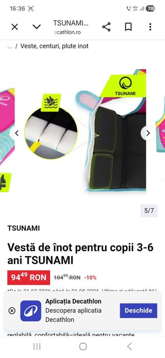 Vestă de înot pentru copii 3-6 ani TSUNAMI 19-30 Kg. Noua