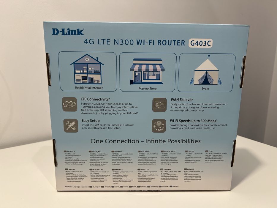 Router 4G D Link G403C Calitate Premium N300 Wi Fi Slot Cartela SIM Internet Fix Mobil Wireless Failover Alimentator Cablu Inclus Box