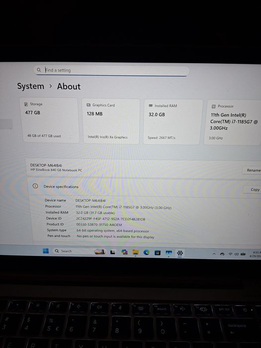 HP 840 G8, i7, 32 gb RAM, SSD 512 gb