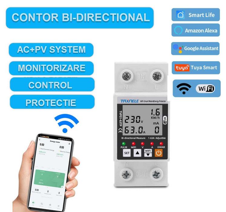 Contor bi directional panou solar fotovoltaic smart Wifi