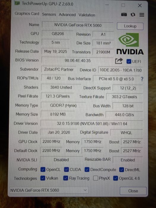 Видеокарта Zotac RTX 5060 8 gb