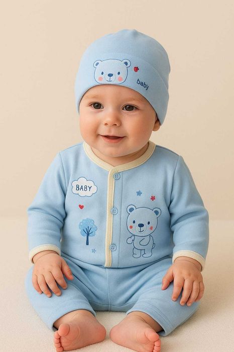 Haine nou-nascuti, 0-3 luni, set 7 piese cu ursulet, albastru/galben