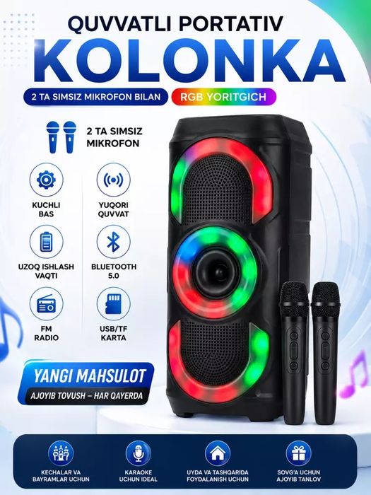 RGB Karaoke Kolonka 2 ta Simsiz Mikrofon bilan — Bluetooth Karaoke Spe