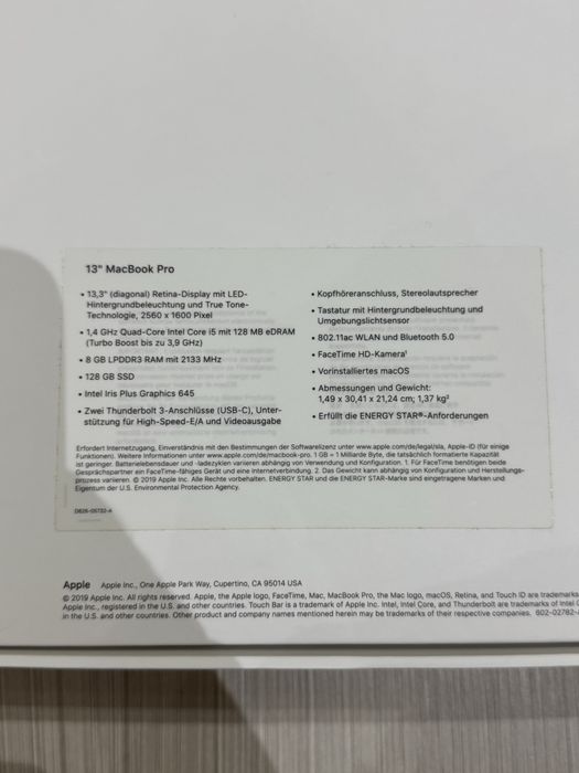 Macbook Pro Silver 13-inch, 2019, 128gb, touch bar
